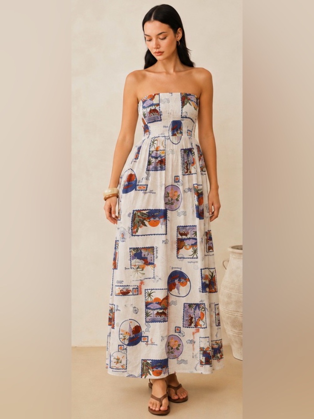 Strapless Cream Maxi Dress with Blue & Orange Postcard Print